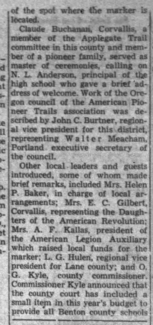 "First Applegate Marker Placed Today At Monroe School," 3 Corvallis Gazette-Times, May 28, 1947, p 5 col 6